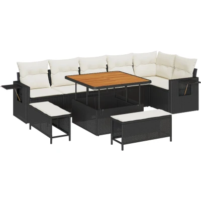 Afbeelding van vidaXL 9 delige Tuin Sofa Set met Kussens Zwart Poly Rattan Acacia, 3 Eetset Acacia