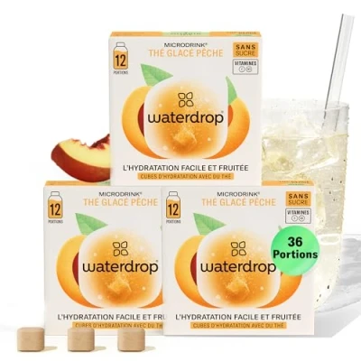 Afbeelding van waterdrop® IJsthee perzik, 36 ijsblokjes zonder suiker, zwarte thee smaak + gearomatiseerde watertabletten voor dranken, natuurlijke fruit en plantenextracten, verrijkt met vitaminen