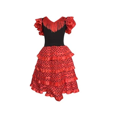 Afbeelding van La Senorita Jurk / Spaans Flamenco kostuum voor meisjes/kinderen rood/zwart (maat 34 36 lengte 115 cm)