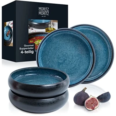 Afbeelding van Moritz &amp; Set van 4 soepborden aardewerk, 19 cm, kom aardewerk voor soep, pasta, salade of muesli