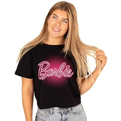 Afbeelding van Barbie dames cropped T shirt neon roze logo grijze top, zwart.