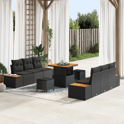 Afbeelding van vidaXL 9 delige tuin sofa set met kussens zwart poly rattan acacia