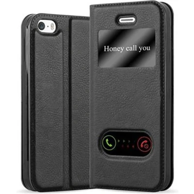 Afbeelding van Cadorabo Hoesje geschikt voor Apple iPhone 5 / 5S SE 2016 in KOMEET ZWART Beschermhoes met magnetische sluiting, standfunctie en 2 kijkvensters Book Case Cover Etui
