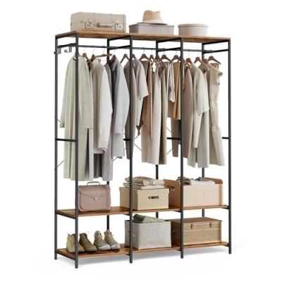 Afbeelding van SONGMICS RGR005B01 Open kast met kledingstang, planken, afneembare haken, 40 x 141 180 cm, vintage bruin