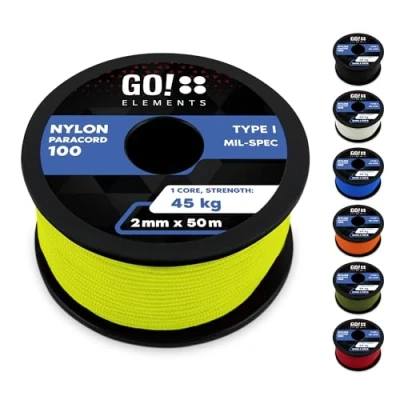Afbeelding van GO!elements Paracord 100 type I scheurbestendig nylon touw 2 mm x 50 m scheurvast tot 45 kg veelzijdig touw, metselaarstouw, kleur: neon