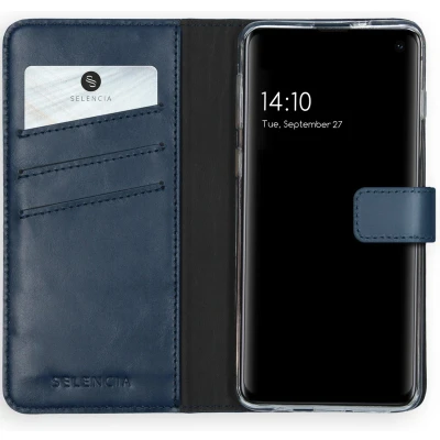 Afbeelding van Selencia Hoesje Geschikt voor Samsung Galaxy S10 Met Pasjeshouder Echt Lederen Bookcase Blauw