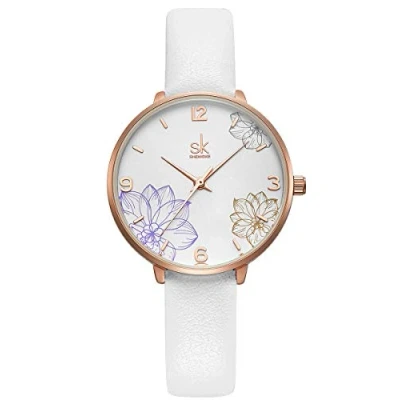 Afbeelding van Alienwork SK Dameshorloge met elegante bloemen, Roségoud/wit paars/witte leren band, riem, Riem