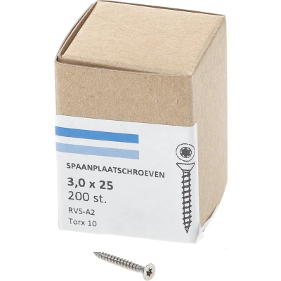 Afbeelding van Spaanplaatschroef RVS 3,0 x 25 mm, Torx10 (200 stuks)