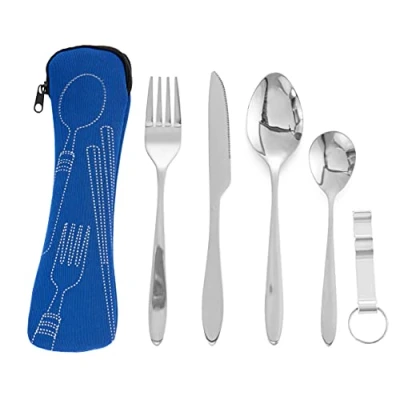 Afbeelding van BRAMBLE 5 delig bestek en flesopener voor camping reizen, van roestvrij staal, met etui, om mee te nemen, robuust praktisch (blauw)