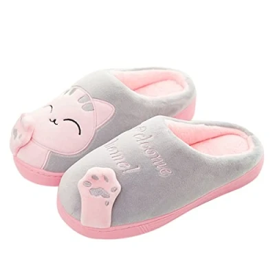 Afbeelding van AUXDIQ Vrouwelijke heren pantoffels schattige kat pluche herfst winter zacht warm huisschoenen indoor pantoffels, grijs.
