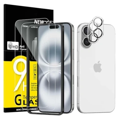 Afbeelding van NEW&#039;C Lot de 2 protecteurs d&#039;écran pour iPhone 16 Plus (6,7&quot;) + d&#039;objectif d&#039;appareil photo, protection capteur, film en verre trempé compatible avec les coques Outil d&#039;installation