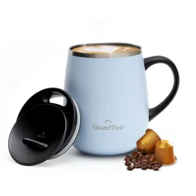 Afbeelding van GRANDTIES Geïsoleerde koffiemok met handvat, spatwaterdicht schuifdeksel, 473,6 g thermosbeker dubbelwandig roestvrij staal om dranken warm te houden en