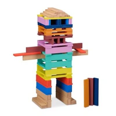 Afbeelding van Relaxdays houten blokken set van 100 bouwblokken 12x2,5x0,7 cm kleurrijk