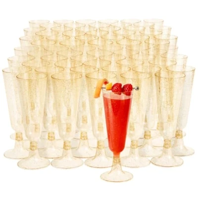 Afbeelding van 100 Plastic Champagneglazen met Gouden Glitters voor Bruiloften, Verjaardagen, Kerst &amp; Feesten, 180ml Elegant, Stevig Herbruikbaar