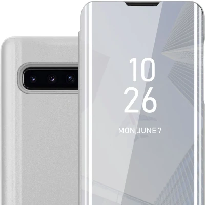 Afbeelding van Cadorabo Hoesje geschikt voor Samsung Galaxy S10 PLUS in AGAAT ZILVER Clear View Spiegel Beschermende Case met Tribunefunctie 360 Graden Bescherming Book Cover Etui