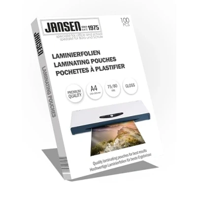 Image de Jansen A4 75/80 microns Pochettes de plastification brillantes, Pack 100 L&#039;emballage peut varier