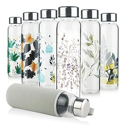 Afbeelding van Reeho Borosilicaatglazen waterfles, glazen drinkfles met neopreen hoes en lekvrij roestvrijstalen deksel 500 ml/1000 ml/1 liter