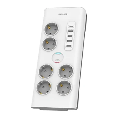 Afbeelding van Philips SPN7060WA/10 stekkerdoos met 6 Schuko stopcontacten, stekkerdoos, 4 USB poorten 35 W en 1 type C, kinderbeveiliging, overspanning, 2 meter kabel, wit