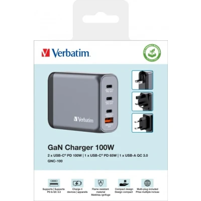 Afbeelding van Verbatim Ladeadapter, Universal, GNC 100, GaN, 100W, grau 1x USB A QC, 3x C PD, Retail