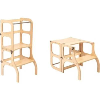 Afbeelding van Ette Tete Leertoren Step&#039;n Sit Inklapbaar tot tafel en stoel Naturel met zwarte clips