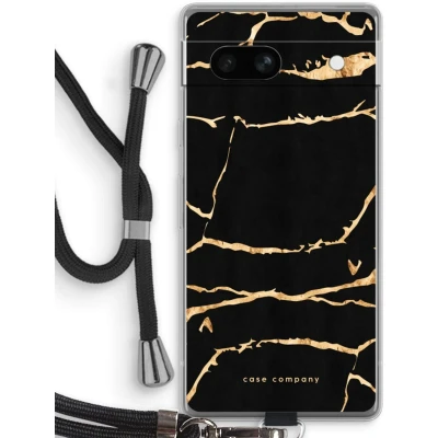 Afbeelding van Case Company® hoesje met Koord geschikt voor Google Pixel 7A Gouden marmer Telefoonhoesje Zwart Bescherming aan alle Kanten en Over de Schermrand