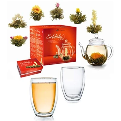 Afbeelding van Creano Theebloemenmix cadeauset thee met glazen theepot en 2 thermoglazen van 250 ml witte (in 6 soorten)