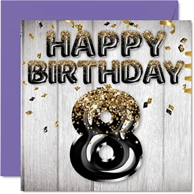 Afbeelding van Stuff4 Verjaardagskaart voor jongens, zwarte en gouden glitterballonnen, verjaardagskaarten jongens van 8 jaar, zoon, broer, kleinzoon, neef, 145 mm x
