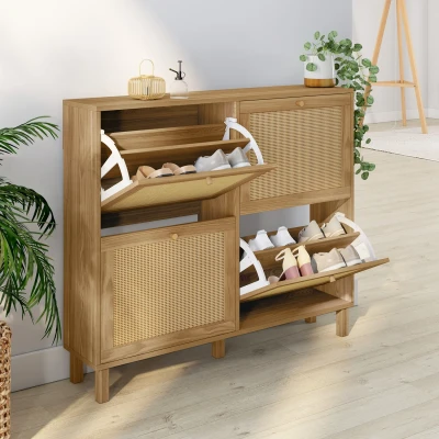 Image de Meuble à chaussures 20 paires vintage HANAE 4 portes effet naturel cannage IDMarket