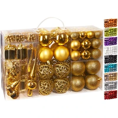 Afbeelding van Brubaker Set kerstballen met boompiek, 101 delig, kerstboomversiering