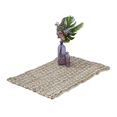 Afbeelding van Relaxdays vloerkleed jute 60 x 90 cm vloertapijt patroon handgeweven beige/crème