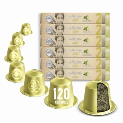 Afbeelding van La Natura Lifestyle Set van 120 groene jasmijntheecapsules in aluminium capsules, compatibel met Nespresso®3 capsulemachines, 100% recyclebaar, natuurlijke jasmijnbloesemthee