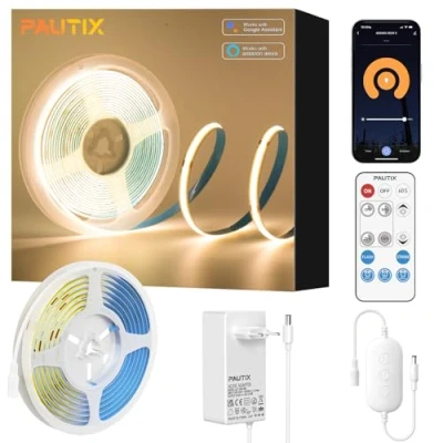 Afbeelding van PAUTIX Bande LED WiFi COB Blanc chaud 2700 K 5 m 480 LED/M Intensité variable 24 V Flexible Luminosité CRI90+ Fonction intelligente avec Alexa, télécommande RF et bloc d&#039;alimentation