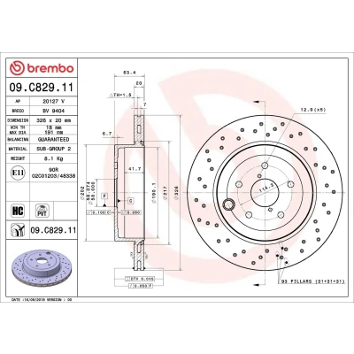 Afbeelding van BREMBO 09.C829.11 Remschijf 326 20 5 geperforeerd/interne ventilatie Gecoat High carbon SUBARU: WRX Saloon