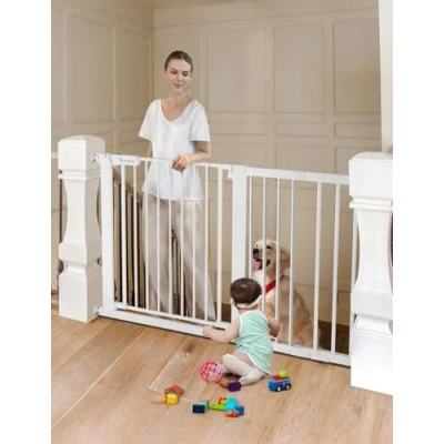 Afbeelding van COMOMY 75 131 cm veiligheidsbarrière voor honden, trappen en deuren zonder boren, automatische sluiting, met groen/rood teken, grote metalen barrière (76 H, wit)