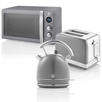 Image de Retro Set Petit Déjeuner Bouilloire 18L Grille Pain 2 Tranches Micro ondes 20L SWAN STRP2070GRNEU 850 Gris