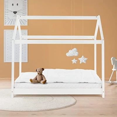Afbeelding van Kinderbed met dak en lattenbodem 70x140 cm White Pine ML Design