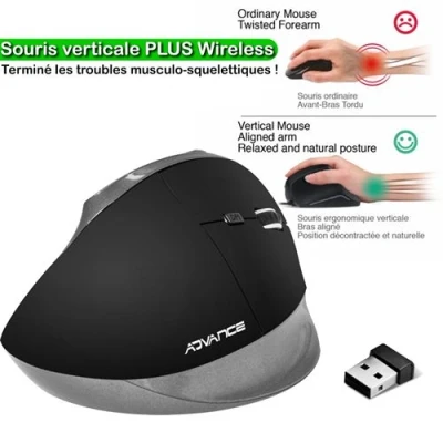 Image de Suza Advance Ergonomic Vertical Plus Souris verticale pour droitiers optique 6 boutons sans fil 2.4 GHz récepteur USB gris, noir