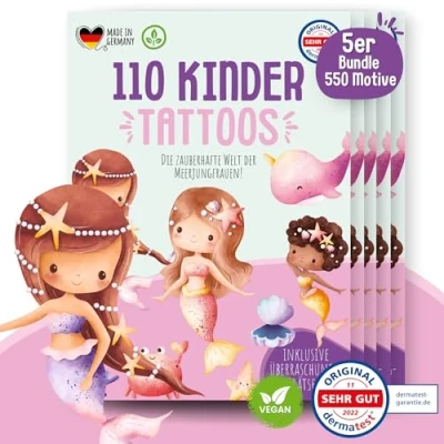 Afbeelding van MeinBaby123 110 stuks kindertatoeages huidvriendelijk met dinosaurus tatoeages voor kinderen om op te plakken veganistisch en gemaakt in Duitsland 1 5 zeemeerminnen