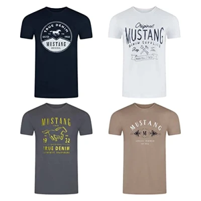 Afbeelding van Mustang Set van 4 T shirts voor heren met print op de voorkant en ronde hals, Kleurenmix blauw zwart, (P23)