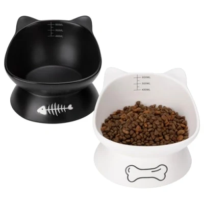 Afbeelding van Navaris keramische voerbak en Drinkbak 400 ml Waterbak kat hond hondenvoerbak Verhoogde bakjes 1x zwart wit