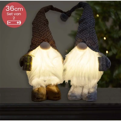 Afbeelding van Handgemaakt Gnomen duo bruin/grijs met LED verlichting en cadeautje 36(61)cm