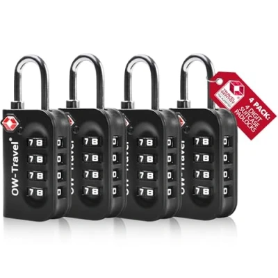 Afbeelding van OW Travel TSA hangslot voor koffers. 4 cijferig bagage kluisje opslag tent camping bagagecombinatie USA. Accessoires vliegtuigreizen: Bagageslot 007