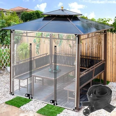 Afbeelding van Waterdichte zijpanelen voor buiten, transparante regengordijnen met deurritssluiting, 0,3 mm dik pvc zeil, pergola, tuin, paviljoen, terras, inclusief