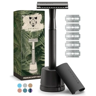 Afbeelding van ANYMALE® Scheerschaaf Black Edition Set met standaard en 5 ASTRA messen Zero Waste scheerapparaat voor dames heren