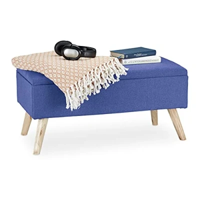 Afbeelding van Relaxdays zitbank met opbergruimte stof hocker opbergbank op poten halbankje blauw