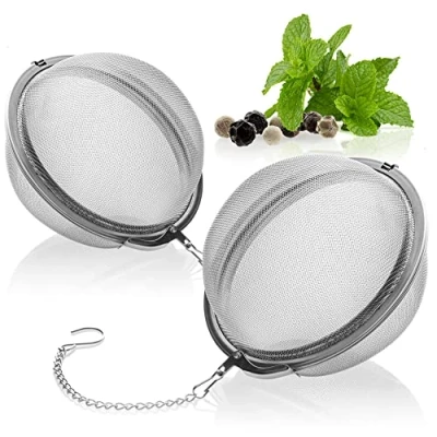 Afbeelding van COM FOUR® 2 x theezeef van roestvrij staal 304 grote thee ei voor losse thee, kruiden en specerijen fijnmazige theefilter met ketting kruidenzeef (2 stuks Ø 7,5 cm)