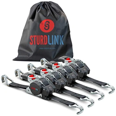 Afbeelding van Spanriemen met automatische ratel, 25 mm, 3 m, Stalen haken LC 300 daN, 600 daN in U, automatisch oprolmechanisme, ideaal voor het vastzetten op aanhanger, deur, motorfiets, quad, auto, set van 4 +