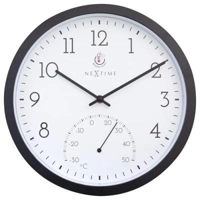 Afbeelding van Weerbestendige buitenklok met thermometer 30.5 cm Zwart en Wit Marigold NeXtime