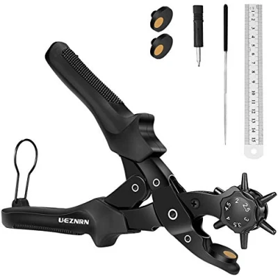Afbeelding van Ueznirn Heavy Duty Revolverloattang, hefboomoverbrenging gattang, riem lederen perforator met 2 extra punch platen, liniaal, slijpstaaf voor riem, kunsthandwerk, kaart, rubber