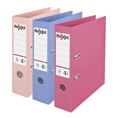 Afbeelding van Rexel A4 ordner van pastelkunststof, 3 mappen, gesorteerd, roze, blauw en perzik